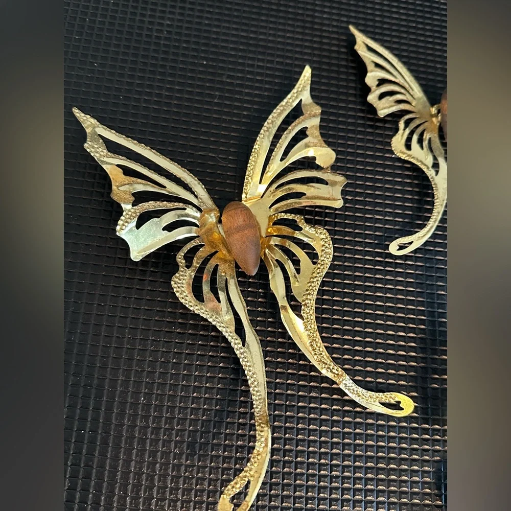 Vintage Set of Three Brass and Wood Butterflies Hanging Wall Decor